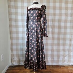 Vtg 60s 70s Hippie Brown Floral Prairie Maxi Dress Lace Ruffles Romantic Boho S